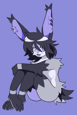 1other 2024 ambiguous_gender anthro bittenbun black_hair ear_piercing grey_fur lagomorph long_ears naked nude original original_character pointy_ears purple_background purple_theme solo solo_focus tongue_piercing unknown_gender