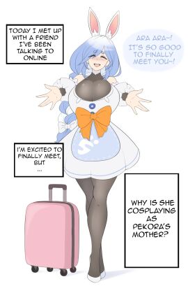 ara_ara armwear big_breasts black_armwear black_clothing black_legwear black_text blue_clothing blue_hair blue_text blush blushing_at_viewer bow braided_hair braided_ponytail breasts bunny_ears closed_eyes clothing cosplay dress edit edited english_text fake_animal_ears fake_ears fake_rabbit_ears female female_focus footwear high_heels hololive hololive_japan huge_breasts human human_only legwear light-skinned_female light_skin male male_pov meme open_mouth orange_bow orange_clothing pekomama pink_suitcase sealguy shoes simple_background so_as_a_joke_i_went_to_my_friend's_house_(meme) solo solo_focus suitcase teeth text text_box thick_thighs tongue virtual_youtuber white_armwear white_background white_clothing white_footwear white_shoes