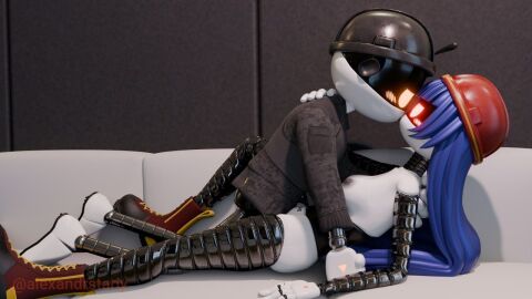 3d 3d_(artwork) accurate_art_style blue_hair doll_(murder_drones) drone fan_character female glitch_productions kissing long_hair male male/female murder_drones orange_eyes pussy red_eyes robot robot_boy robot_girl russian_female sofa stepanaan vaginal_sex