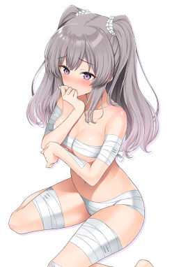 1girls arm_under_breasts bandage bandaged_arm bandaged_leg bandages bare_belly bare_chest bare_hands bare_hips bare_midriff bare_navel bare_shoulders bare_skin bare_thighs bare_torso belly belly_button blush blushing_female breasts cleavage collarbone dot_nose elbows embarrassed embarrassed_female eyebrows_visible_through_hair feet female female_focus female_only fingers full_body grey-haired_female grey_eyebrows grey_hair groin hair_between_eyes half_naked hand_on_face hand_on_head hand_on_own_face hand_on_own_head high_resolution highres idolmaster idolmaster_shiny_colors inuzumi_masaki knees legs light-skinned_female light_skin long_hair medium_breasts navel purple-eyed_female purple_eyes pussy shoulders silver-haired_female silver_hair simple_background sitting sitting_on_ass sitting_on_floor sitting_on_ground slender_body slender_waist slim_female slim_waist solo thick_thighs thighs thin_waist toes twintails twintails_(hairstyle) v-line white_background white_bandages yukoku_kiriko