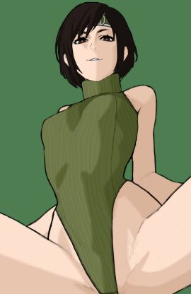 1girls bare_arms bare_legs bare_shoulders black_hair brown_eyes dutch_angle female female_only final_fantasy final_fantasy_vii final_fantasy_vii_remake light-skinned_female light_skin looking_at_viewer looking_down looking_down_at_viewer medium_hair pale-skinned_female pale_skin simple_coloring simple_shading spread_legs spreading square_enix turtleneck_dress upward_shot wabaki yuffie_kisaragi