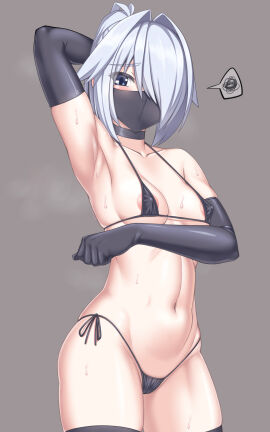 areola_slip arm_behind_head arm_up armpits bikini black_bikini black_choker black_gloves black_mask black_thighhighs blue_eyes blush breasts choker collarbone covered_erect_nipples cowboy_shot elbow_gloves female gloves grey_background grey_hair hair_intakes hair_over_one_eye highleg highres looking_at_viewer mask medium_breasts micro_bikini mouth_mask myouan navel ninja_mask original ponytail shirakami_itsuki short_hair side-tie_bikini_bottom simple_background skindentation solo spoken_squiggle squiggle steaming_body stomach string_bikini sweat swimsuit thighhighs variant_set