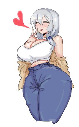 1girls :p bangs blue_hair_tie breasts cleavage closed_eyes cunnilingus_gesture female hair_between_eyes heart jacket jacket_off_shoulders jeans large_breasts leebongchun low_ponytail mature mature_female midriff milf mother navel off_shoulder peace_sign plump plump_thighs ponytail portrait shoulderless slit_eyes solo thick_thighs thighs tied_hair tongue tongue_out uzaki-chan_wa_asobitai! uzaki_tsuki v victory_sign white_hair white_topwear