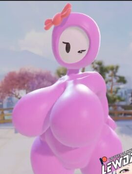 3d ass big_ass big_breasts bow breasts fall_guy fall_guys female highres no_nipples one_eye_closed rule_63