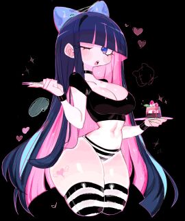 1girls big_breasts big_thighs black_background black_panties bottom_heavy bow breasts cake choker cleavage colored_inner_hair crop_top dark_purple_hair dessert detached_cuffs ear female female_only fork hair_ornament heart hi_res hime_cut hourglass_figure legwear long_hair looking_at_viewer navel no_pants one_eye_closed open_mouth panties panty_&_stocking_with_garterbelt plate purple_eyes purple_hair shimapan shiny_skin simple_background solo solo_female stocking_anarchy striped_legwear striped_panties tagme tattoo thick_thighs thighhighs thighs tight_clothing usa37107692 very_long_hair wide_hips