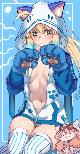 1girls ahoge animal_ear_headwear blonde_hair blue_eyes blush breasts ebora embarrassed fate/grand_order fate_(series) female habetrot_(fate) hoodie light-skinned_female light_skin long_hair medium_breasts paw_gloves thighhighs tonelico_(fate) youngmanisdown