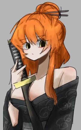 :/ bangs bare_shoulders black_kimono black_sword blush breasts brown_stick cleavage closed_mouth cloud_print collarbone expressionless eyebrows eyebrows_visible_through_hair female female_only grey_background hair_bun hair_stick hand_up holding holding_katana holding_object holding_sword holding_weapon ishmael_(limbus_company) katana kimono kurokumo_clan_(identity)_(project_moon) light-skinned_female light_skin light_yellow_eyes limbus_company long_neck looking_at_viewer looking_down medium_breasts medium_hair off-shoulder_kimono orange_hair pattern_clothing project_moon sash sidelocks simple_background sketch solo sword sword_between_breasts tagme_(artist) upper_body wide_sleeves