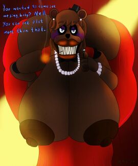 absurd_res age_difference aged_up android animatronic anthro areola ass ass_up bare_chest bear big_areola big_ass big_breasts big_butt big_nipples blush bracelet breasts brown_body brown_fur brown_hair brown_lips brown_lipstick cigarette cigarette_in_mouth clothed clothing creepy creepy_face creepy_smile curtains curvy_anthro curvy_female curvy_figure cybernetics cyborg dialogue diamond_(gem) diamond_ring dress ear_piercing ear_ring elderly eyelashes eyeliner female five_nights_at_freddy's freddy_(fnaf) fur gem hair hand_on_breast hand_on_chest hand_on_hip hat headgear headwear hi_res horror_(theme) huge_areola huge_ass huge_breasts huge_butt huge_nipples hyper hyper_areola hyper_breasts hyper_nipples jewelry lips lipstick looking_at_viewer m4n machine makeup mammal montgomery_glands mostly_nude necklace nipples object_in_mouth older_anthro older_female open_dress orange_light orange_lips orange_lipstick pearl_(gem) pearl_necklace piercing red_clothing red_dress ring ring_piercing robot rule_63 scary scottgames sharp_teeth skimpy smile smiling_at_viewer smoke smoking_pipe solo stage stage_lights talking_to_viewer teeth thick_bottom_lip thick_lips thick_thighs top_hat vein veiny_breasts wide_hipped_anthro wide_hipped_female wide_hips wrinkles