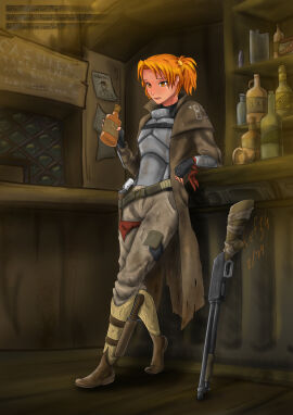 1girls 2d 2d_(artwork) alcohol alcoholic_drink alisa_(everlasting_summer) alisa_dvachevskaya armor artist_name bar clothed clothed_female crossover dvach-tan english_text everlasting_summer fallout fallout_new_vegas female female_only fully_clothed gun guns human human_only image_set indoors kef34 knife ncr_ranger_(fallout) orange_eyes orange_hair pistol questionable revolver rifle sfw solo solo_female text url weapon weapons whiskey