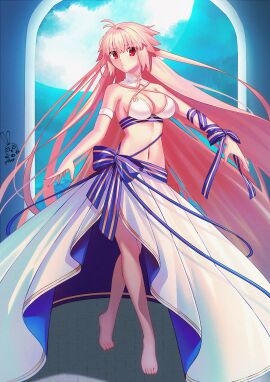 archetype_earth arcueid_brunestud aro_1801 artist_logo bare_shoulders bikini blonde_hair breasts cleavage fate/grand_order fate_(series) female full_moon highres huge_breasts large_breasts long_hair moon navel sarong solo standing swimsuit tsukihime very_long_hair white_bikini white_sarong