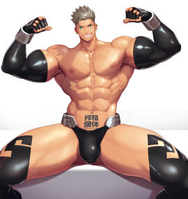1boy abs arm_sleeves armpits arms_up bara beard_stubble beefy belt biceps big_chest bracelet bulge bulge_through_clothing cocky earrings fingerless_gloves flexing frown gloves grey_hair hi_res latex latex_gloves latex_stockings legwear looking_at_viewer male male_only meisho_hanten muscles muscular muscular_arms muscular_chest muscular_legs muscular_male muscular_thighs nipples original original_character pecs short_hair silver_hair simple_background sitting six_pack skin_tight smile smiling_at_viewer solo solo_male spread_legs stockings tattoo tattoo_on_belly tattoo_on_face tattoo_on_neck teal_eyes text thick_arms thick_thighs tight_clothing topless tough_guy underwear vein wide_shoulders yaoi