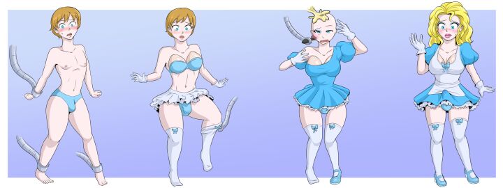 1femboy 2020s 2024 alice_in_wonderland bald bare_chest blonde_hair blonde_wig blue_background blue_clothing blue_dress blue_eyeliner blue_eyes blue_eyeshadow blue_panties blue_shoes blue_socks blue_underwear blush breast_forms breast_padding breasts brown_hair bulge bulge_through_clothing cleavage commission cosplay crossdressing diggerman digital_drawing_(artwork) digital_media_(artwork) erection fake_breasts femboy_only forced_transformation gloves lipstick looking_down looking_up makeup male no_dialogue original panties pink_lips pink_lipstick sequence short_hair solo solo_femboy transformation transformation_sequence transparent_background wig