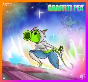 agonywelds angelsagony anthro arms_behind ass breasts cat_ears cat_girl cat_tail catgirl explosion female graffiti graffiti_pea leaf lewd low-angle_view paint peashooter_(pvz) plant_girl plantie plants_vs_zombies space spray_can spray_paint thick_ass thick_thighs thighs wide_hips