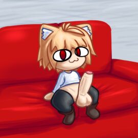 balls big_penis blonde_hair bottomless cat_ears clothed clothing cute erection female femboy femboy_only human light-skinned_femboy light_skin looking_at_viewer male melty_blood meowny neco-arc neko partially_clothed penis shortstack sitting small_but_hung sofa solo thighhighs tsukihime white_shirt