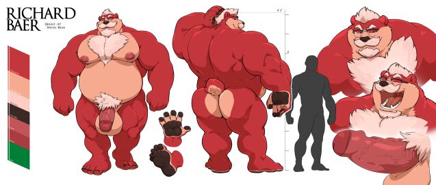 2022 absurd_res anthro ass balls bear beard chest_tuft english_text eyewear facial_hair foreskin genitals glasses grisser hi_res humanoid_genitalia humanoid_penis male mammal mature_male model_sheet moustache musclegut muscular nipples nude pecs penis pubes richard_baer solo text tuft uncircumcised vein veiny_penis