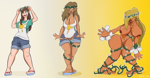 1girls absurdres ass ass_expansion bare_legs barefoot before_and_after bimbofication blonde_hair brain_drain breast_expansion breast_growth breast_growth_(enlargement) breasts brown_hair cleavage clothing collarbone cum cum_in_pussy cum_inside dizzytube drool ebonization eye_roll feet female flower flower_in_hair gradient_background green_eyes green_tentacles hair_color_change hair_covering_both_eyes hair_covering_one_eye hair_growth honey hypnotic_plant jean_shorts legs_together lip_expansion long_hair navel nipples open_mouth penetration plant plant_girl plant_transformation pussy pussy_juice sandals sequence sex shirt shorts simple_background skin_color_change smile spread_legs t-shirt tan_body tentacle tongue tongue_out torn_clothes transformation unusual_lactation vaginal_penetration very_long_hair vines wide_hips