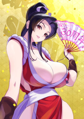 breasts brown_hair cleavage collarbone confetti dress ema_(emaura) fatal_fury female folding_fan hair_ribbon hand_fan huge_breasts long_hair looking_at_viewer mai_shiranui milestone_celebration parted_lips ponytail red_dress red_eyes ribbon sleeveless sleeveless_dress smile snk solo teeth the_king_of_fighters war_fan wristband