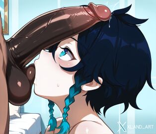 2boys ai_generated bedroom big_penis cock_on_face dark-skinned_male dark_skin dick_on_face femboy genshin_impact interracial looking_up precum sucking sucking_balls veiny_penis venti_(genshin_impact) worshiping xland