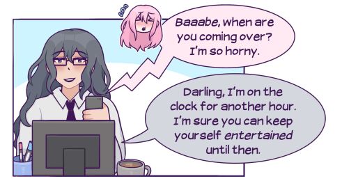 2girls >< black_hair blush brown_hair coffee coffee_mug computer computer_monitor english english_text female female_only glasses glasses_on_head head_only imminent_sex lesbian long_hair needy on_phone open_mouth pen phone pink_hair rectangular_glasses speech_bubble tie welcome_to_heaven work_uniform working workplace yuri