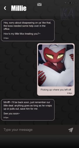 3d_(artwork) anthro between_thighs bodily_fluids canid canid_demon canine clothing cunnilingus demon dialogue digital_media_(artwork) duo english_text female fur genital_fluids handwear hellhound helluva_boss hi_res imp karouart legwear looking_at_another loona_(helluva_boss) male male/female mammal message millie_(helluva_boss) moxxie_(helluva_boss) mythological_canine mythological_creature mythology nipples oral polyamory pussy red_body saliva sex text tongue tongue_out vaginal_fluid_string vaginal_fluids vaginal_penetration white_body white_fur yellow_eyes