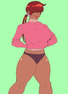 1girls belly big_breasts breasts busty clothed female fit fit_female king_of_fighters legs_spread long_hair no_pants open_legs panties ponytail red_hair shermie_(kof) smile spread_legs sweater tan tan_body tan_skin thick thick_legs thick_thighs thighs tied_hair toned toned_female voluptuous voluptuous_female wide_hips