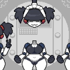 :3 animated ball_joints breasts cameltoe chubby clothed clothing double_v factory female gym_clothes huge_breasts mob_face moxifloxi multiple_females multiple_girls octotron2000 pixel_art plump pussy robot robot_girl thick_thighs twintails white_body wide_hips