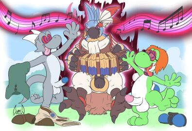 2018 3_toes 4_fingers accordion avian balls beak big_balls big_nose biped bird black_beak black_penis blue_body blue_feathers blue_glans bottomwear bottomwear_down breath_of_the_wild cigar claws clothed clothing collar dragon erection fan_character feathers feet fingers footwear genitals glans green_body grey_body grey_penis group hair hi_res horn humanoid_genitalia humanoid_penis hypnosis kass_(tloz) kass_(zelda) male male_only mario_(series) mario_bros mind_control multicolored_body music_hypnosis musical_instrument musical_note musical_symbol mythological_creature mythological_scalie mythology nintendo notmolo_(yoshi) nude one_leg_up open_mouth open_smile orange_hair pants pants_down partially_clothed penis pink_glans purple_collar raised_leg ringed_eyes rito scalie shoes smile smoking soul-silver-dragon soul-silver-dragon_(character) story story_in_description symbol the_legend_of_zelda toe_claws toes tongue tongue_out toony trio two-tone_body undressing white_body white_penis yoshi