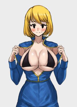 1girls big_breasts bikini bikini_top blonde_hair blue_clothing blush bodysuit bra breasts cleavage clothing embarrassed fallout female female_only flashing flashing_breasts front_view human human_only jumpsuit looking_at_viewer mob_face open_bodysuit open_clothes plain_background pov presenting presenting_breasts rpswl3 short-haired_female short_hair smile solo standing sweat sweatdrop unzipped vault_dweller vault_girl vault_suit yellow_hair