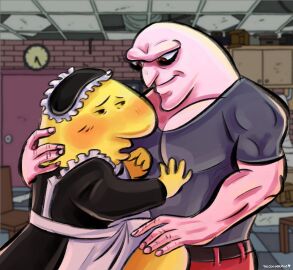 2boys artist_name break_room breasts canon_costume canon_crossdressing charlie_(smiling_friends) crack_pairing crack_ship finger_on_lip gay hand_on_breast hand_on_chest hand_on_neck hand_on_thigh humanoid james_(smiling_friends) maid maid_apron maid_headdress maid_outfit maid_uniform male male/male male_only no_humans no_sex non-human non-human_only reference reference_image smiling_friends smirk smirking smirking_at_partner thecoolermilo toxic toxic_yaoi yaoi