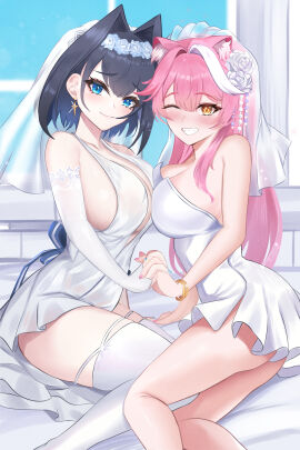 2girls animal_ear_fluff animal_ears bangs bare_shoulders black_hair blue_eyes blush bow breasts bridal_veil bride cleavage dress elbow_gloves flower gloves hololive hololive_english hololive_english_-council- hololive_english_-justice- hololive_english_-promise- jewelry large_breasts long_hair looking_at_viewer multicolored_hair multiple_girls one_eye_closed ouro_kronii pink_hair raora_panthera ring smile strapless thighhighs thighs veil virtual_youtuber wedding_dress white_dress white_legwear wife_and_wife yuri