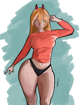 1girls 2d black_panties chainsaw_man crop_top female long_hair long_sleeves no_pants power_(chainsaw_man) skullyarts sweater thighs underwear