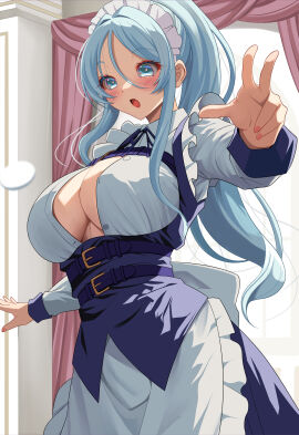 :o absurdres akihiro0920 apron aqua_eyes aqua_hair back_bow belt blue_dress blush bow breasts cleavage collared_dress commentary_request curtains dress female hair_between_eyes highres indoors large_breasts long_hair long_sleeves maid maid_apron maid_headdress open_mouth ponytail sidelocks solo standing sylpha_langlis tensei_shitara_dai_nana_ouji_dattanode kimamani_majutsu_o_kiwamemasu window