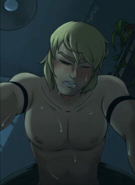 1boy abs animated animated_gif bed blonde_hair bottom_pov boyfriend_to_death gif hunnyslut0 implied_sex lawrence_oleander looping_animation low-angle_view male male_only missionary missionary_position night no_visible_genitalia pov receiving_pov solo sweat sweatdrop sweating taker_pov tattooed_arm thrusting