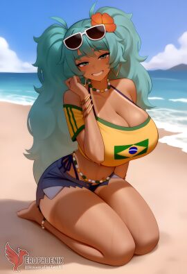 1girls 2d ai_generated aqua_hair ass barefoot big_ass big_breasts bikini bracelet brazilian_miku breasts dark-skinned_female earrings erophoenix eyewear_on_head feet full_body grin hair_flower hair_ornament hatsune_miku huge_breasts jewelry kneeling long_hair looking_at_viewer looking_back nail_polish patreon_username shorts smile soles solo solo_female sunglasses swimsuit tan tellow_shirt thick thick_thighs toes uncensored vocaloid