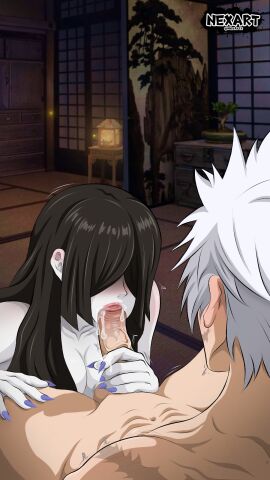 big_breasts big_penis blowjob breasts cum_in_mouth demon_slayer facial female hair_over_eyes handjob kimetsu_no_yaiba lipstick male nakime nexart penis saliva sanemi_shinazugawa