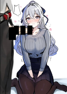 1boy 1girls @_@ adam_(honkai_impact) bar_censor belt black_pants black_pantyhose black_skirt blush breasts bronya_zaychik bronya_zaychik_(outstanding_attitude) bronya_zaychik_(silverwing:_n-ex) censored closed_mouth female grey_eyes grey_hair grey_sweater highres honkai_(series) honkai_impact_3rd hoyoverse large_breasts large_penis light-skinned_female light-skinned_male light_skin looking_at_viewer male mihoyo mini2chainz pants pantyhose penis sitting skirt straight sweater wariza white_background