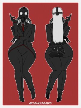 1girls ass back_view big_ass black_skin business_suit chaos_director_(fortnite) female female_only fortnite fortnite:_battle_royale front_view gas_mask high_heels long_hair orukidraws ripped_clothing ripped_pants suit white_hair