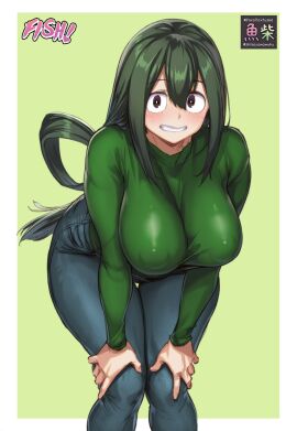 1girls 2024 artist_name bending_forward bent_over big_breasts blush breast_squeeze breasts brown_eyes busty cleavage clothed clothed_female clothing collaboration curvaceous curvy denim female front_view fully_clothed green-haired_female green_hair grin hair hands_on_knees hi_res human jeans large_breasts leaning_forward legs_together light-skinned_female light_skin long_hair looking_at_viewer my_hero_academia nipple_bulge no_bra parallaxfused pose posing shibayamamohu simple_background smile smiling smiling_at_viewer solo standing teeth thick_thighs thighs tsuyu_asui voluptuous wide_hips