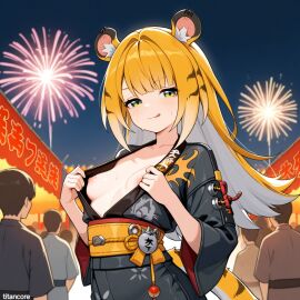 (titancore) ai_generated crowd curvy_figure cute_girl female festival fireworks girl green_eyes ju_fufu ju_fufu_(zenless_zone_zero) kimono night showing_breast small_breasts smirking smirking_at_viewer teasing_viewer tiger_ears tiger_girl tiger_stripes tiger_tail video_game_character zenless_zone_zero