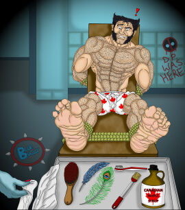 1boy 1girls anticipation artist_logo barefoot bondage brush bulge canadian deadpool exclamation_point feathers feet female hairbrush hairy hairy_male imminent_tickling james_howlett logan_(x-men) lovemybluebully male male_feet male_focus male_only male_tickling maple_syrup marvel marvel_comics mystique out_of_frame out_of_frame_female rope rope_bondage ticklish toothbrush underwear underwear_only wolverine_(x-men) x-men