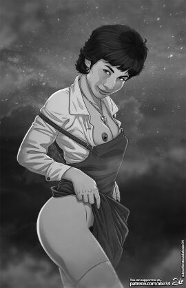 2d alx_(fuckit) breasts brown_hair classic_who companion_(doctor_who) doctor_who exposed_ass exposed_breasts female monochrome red_dress seductive_look short_hair smile solo susan_foreman