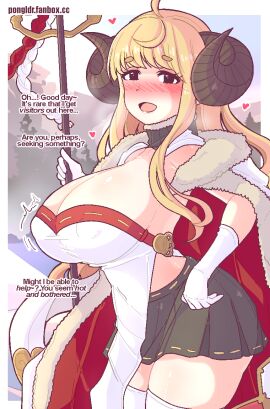 1girls ahoge anila_(granblue_fantasy) anira_(granblue_fantasy) artist_name blonde_hair blush border breasts busty draph draph_race_(granblue_fantasy) english_dialogue english_text erect_nipples_under_clothes eyebrows_visible_through_hair female female_only gloves granblue_fantasy holding_object holding_weapon horns huge_breasts light-skinned_female light_skin long_hair looking_at_viewer nipple_bulge nipples_visible_through_clothing open_mouth outdoors outside pongldr sheep_horns skirt smile solo thick_thighs thighhighs white_gloves white_thighhighs