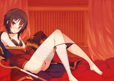 1girls bandage bandaged_leg bare_legs bare_shoulders bare_thighs barefoot bed bed_sheet black_bra black_panties blush bra breasts brown_hair choker cleavage collarbone embarrassed feet female female_only hand_between_legs indoors kono_subarashii_sekai_ni_shukufuku_wo! megumin off_shoulder open_mouth panties panties_around_leg red_eyes short_hair side-tie_panties small_breasts solo strap_slip tam-u thighs toes underwear unworn_hat witch_hat zettai_ryouiki