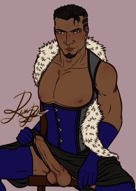 1boy 501st_clone_trooper artist_signature background balls black_hair blue_clothing clone_trooper clone_wars color dark-skinned_male dark_skin erect_penis erection facial_hair fives_(star_wars) forehead_tattoo goatee human long_gloves male male_nipples male_only nipples partially_clothed partially_clothed_male penis plain_background seductive_gaze sitting solo solo_focus solo_male star_wars testicles