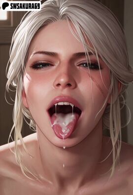 ai ai_art ai_generated animated ciri cum cum_drip cum_in_mouth female green_eyes looking_at_viewer makeup naked nsfw nude open_mouth saliva scar_on_face swallowing swallowing_cum tagme the_witcher_3:_wild_hunt tongue upper_body video white_hair
