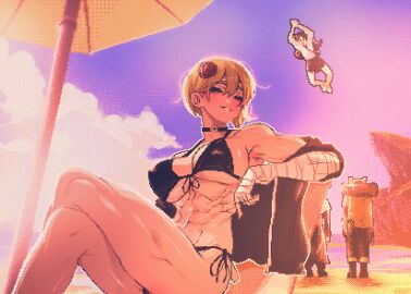 2girls abs absurd_res armpits athletic athletic_female bell_(spoiledmuffin) bikini black_bikini blonde_hair choker closed_eyes female fit fit_female hi_res light-skinned_female light_skin mature_female muscular muscular_female original pixel_art serratus_anterior short_hair slim_waist smile spoiledmuffin swimsuit thick_thighs