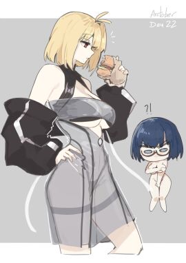 2girls ahoge arcueid_brunestud bikini black_bikini black_jacket blonde_hair blue_eyes blue_hair blue_sky blushing border breasts burger c.i.e.l_(fate) chibi ciel_(tsukihime) covering covering_breasts covering_crotch crossed_legs eating eating_burger eating_food fate/grand_order fate_(series) female food glasses holding holding_burger holding_food holding_object jacket jonyeld large_breasts naked naked_female navel nude png red_eyes short_hair sky stomach swimsuit thick_thighs thigh_strap thighs tsukihime type-moon u_hasumi69 v vampire vampire_girl white_border wide wide_hips