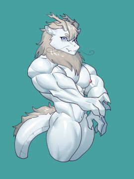 abs anthro ao_lie athletic athletic_anthro athletic_male awa1582 barbel_(anatomy) blue_eyes bodily_fluids dragon eastern_dragon fangs fei_ren_zai_(non_human) grey_eyebrows grey_hair grey_horn grey_mane hair hi_res horn looking_at_viewer male male_only muscular muscular_anthro muscular_male mythological_creature mythological_scalie mythology nipples nude pecs penis penis_slit pink_nipples scalie simple_background slit smile solo tail turquoise_background white_body