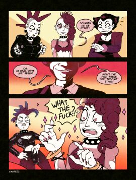 absurdres bimbofication black_hair cavitees collar comic dialogue female feminization femsub fishnets gender_transformation long_nails magic male maledom malesub original piercing short_hair text transformation western