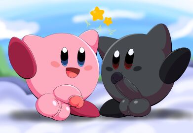 absurd_res balls big_balls big_penis cloud cloudy_sky duo erection genitals hand_holding hands_up hi_res humanoid_genitalia humanoid_penis kirby kirby_(series) male male_only nintendo penis raised_leg shadow_kirby sky smile tepigfan101 waddling_head what